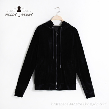 Fleece Hooded Unlined Velour Anti-wrinkle Solid Autumn Black Sweatshirt